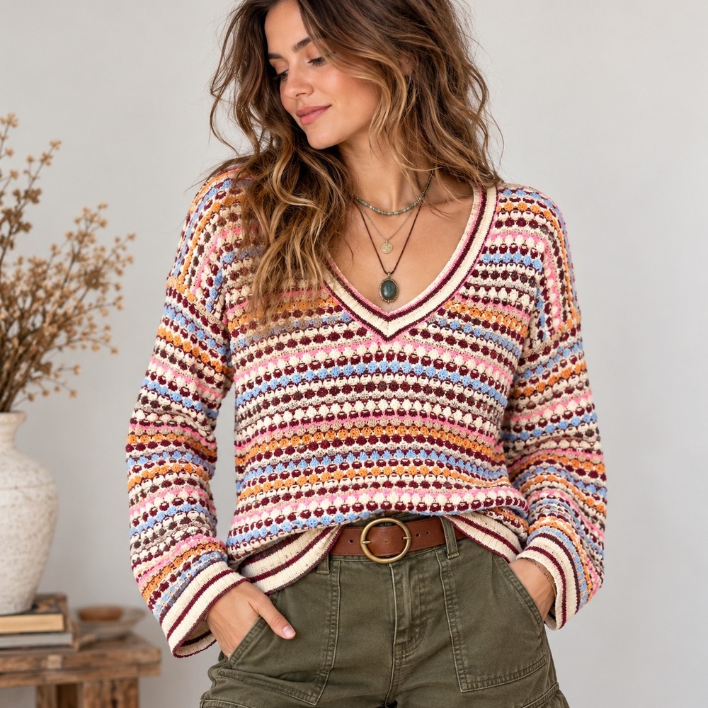 Daily Practice Boho V-Neck Sweater S Multicolor Striped Eclectic Anthropologie